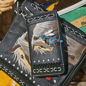 Embroidered Horse Crossbody Bag And Wallett Strap 46in Long